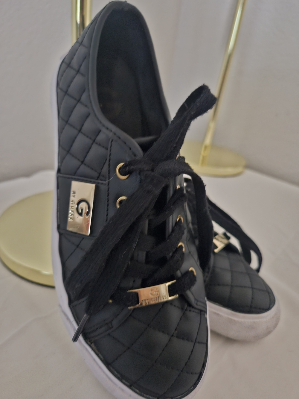 G by Guess Black Quilted Lace-Up Sneakers with Gold Accents. 6.5